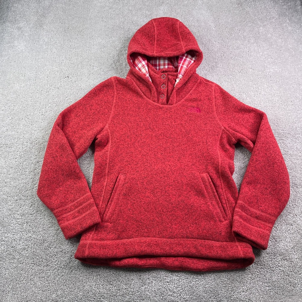 The North Face Hoodie Womens Medium Red Crescent Sunset Pullover Fleece Sweater